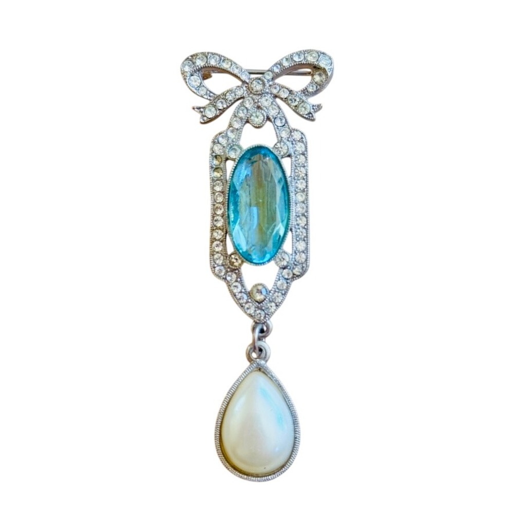 VTG 1928 French Bow Motif Brooch Pin Faux Pearl Aquamarine Regal Regency Style